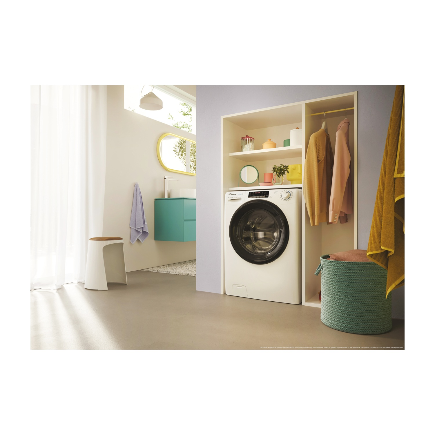 Una lavanderia con lavatrice, vestiti e un cesto verde. Sono visibili anche uno sgabello e un mobile turchese.