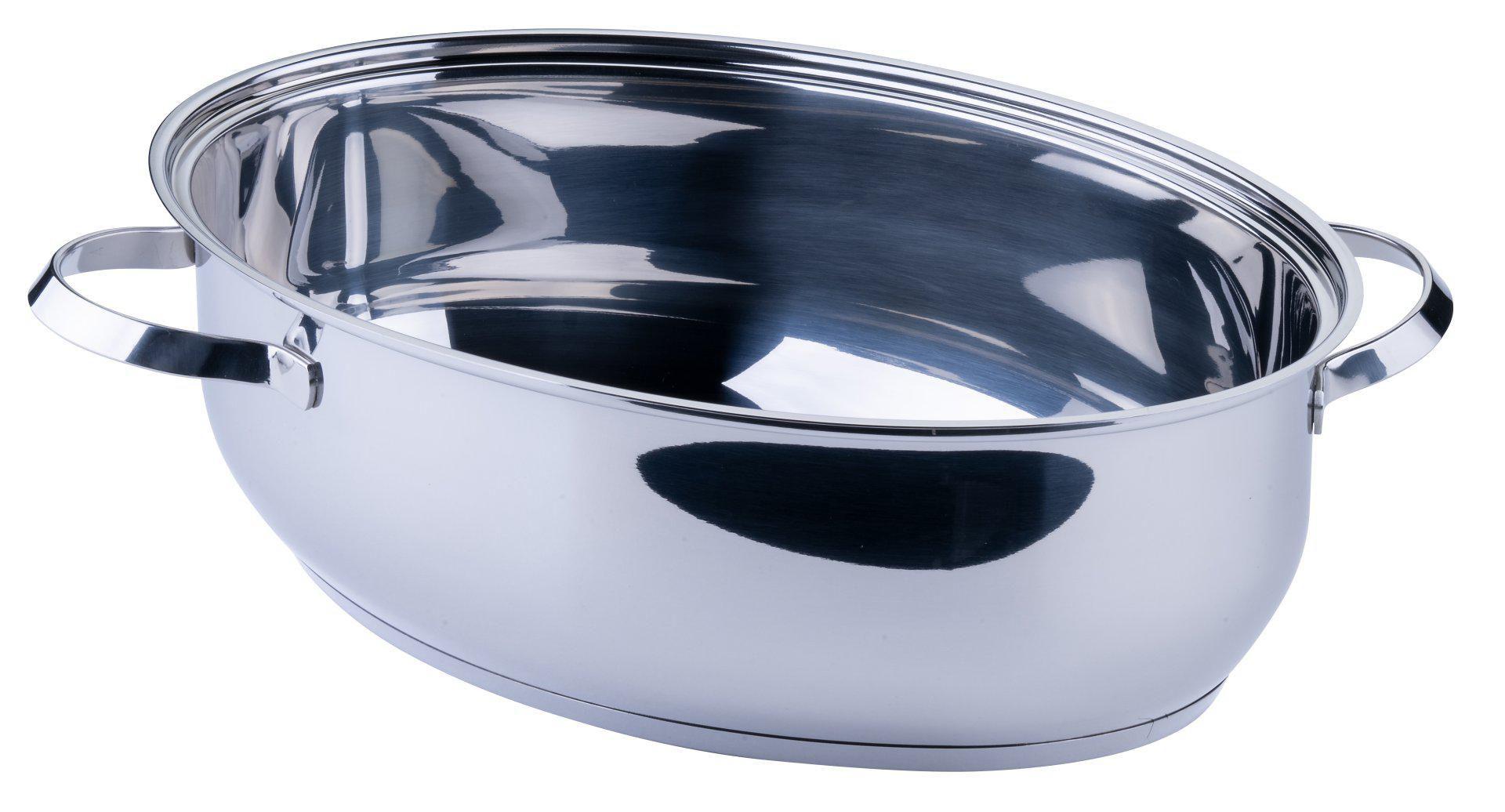 Ein glänzender, ovaler Edelstahltopf mit zwei Griffen und einem Deckel. Es reflektiert Licht und zeigt ein helles Inneres.