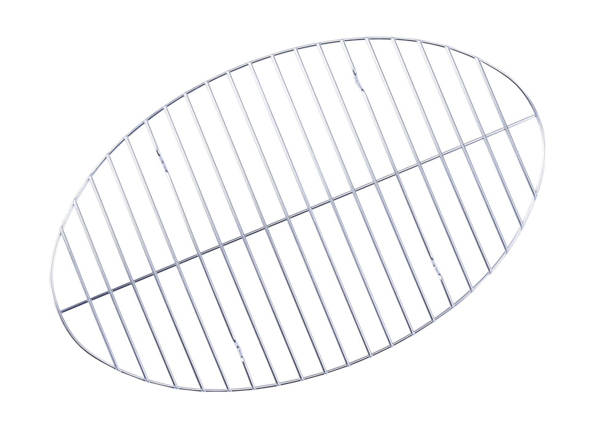 Ein Metallgrill mit kreisförmiger Form. Es hat horizontale und vertikale Stäbe in Silber auf weißem Hintergrund.