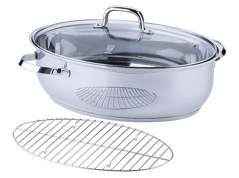 Chefkoch Trifft Fackelmann 23874 Rosenheim 38cm Bräter mit Deckel (Backofengeeignet, alle Herdarten, Silber, Edelstahl 18/8/Aluminiumkern/Glas)