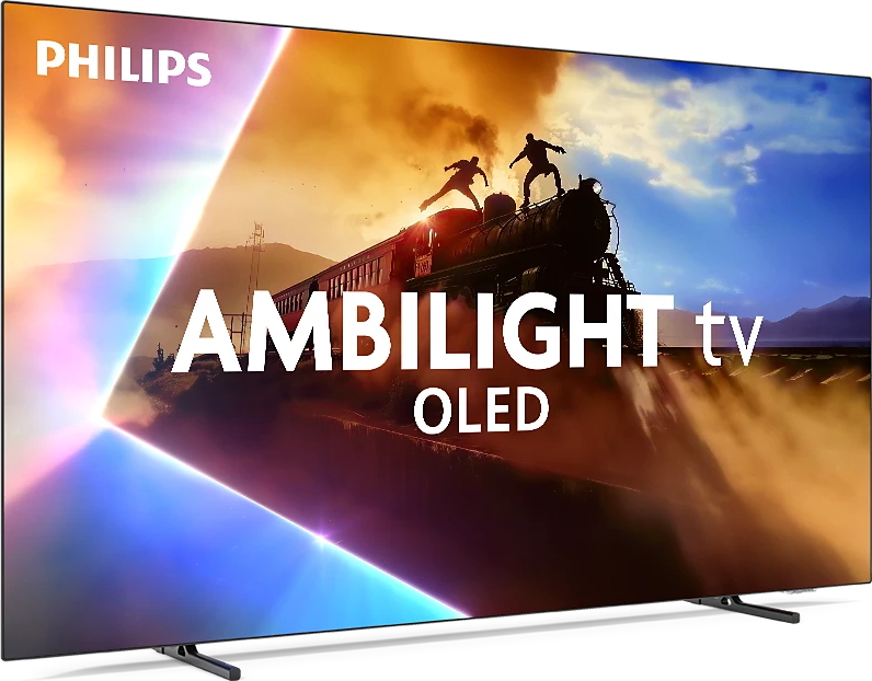 TV OLED Philips Ambilight. Un treno con persone sopra è ambientato su un cielo colorato. La TV è nera con gambe argentate.