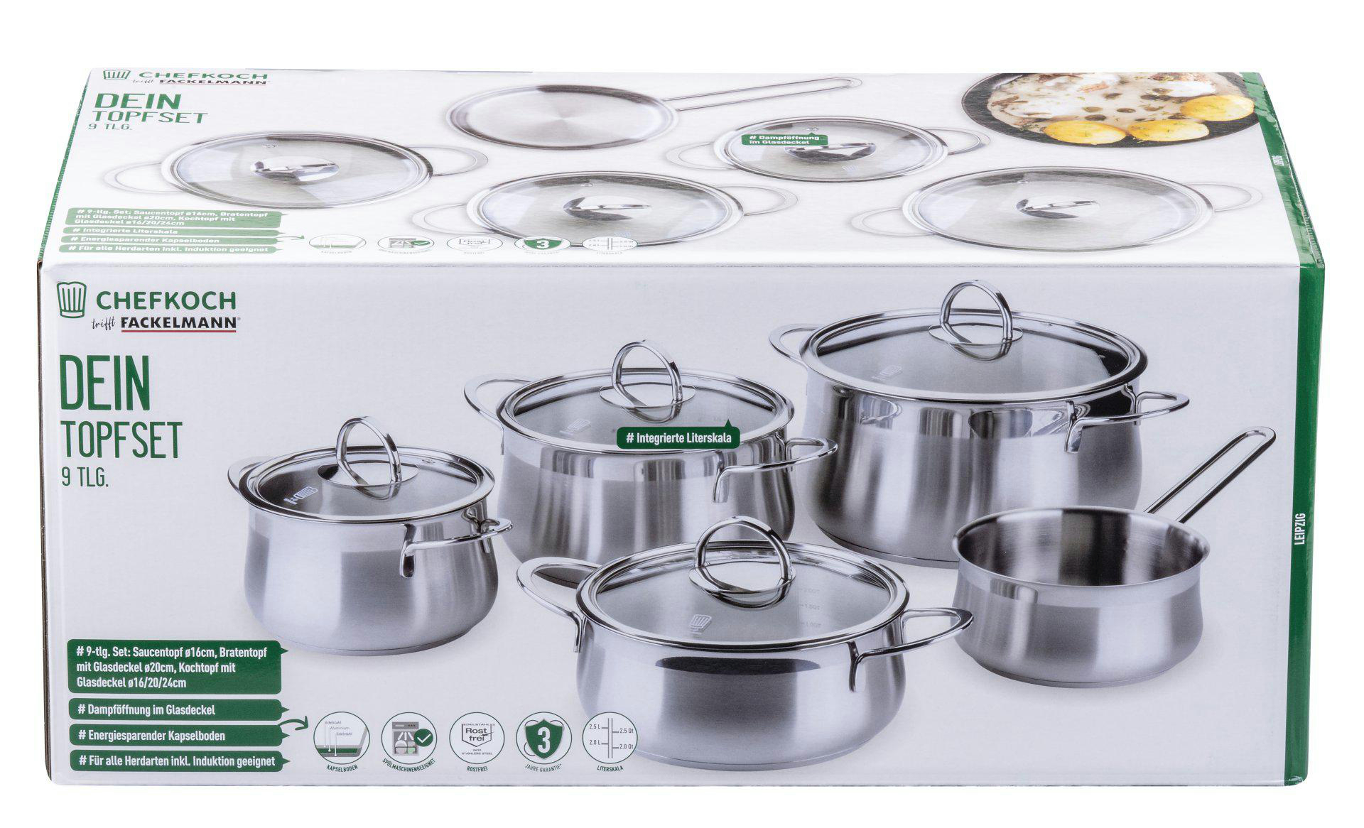 Ein Set aus Edelstahl-Töpfen und -Pfannen mit Glasdeckeln, verschiedenen Größen und einem sichtbaren Markennamen.