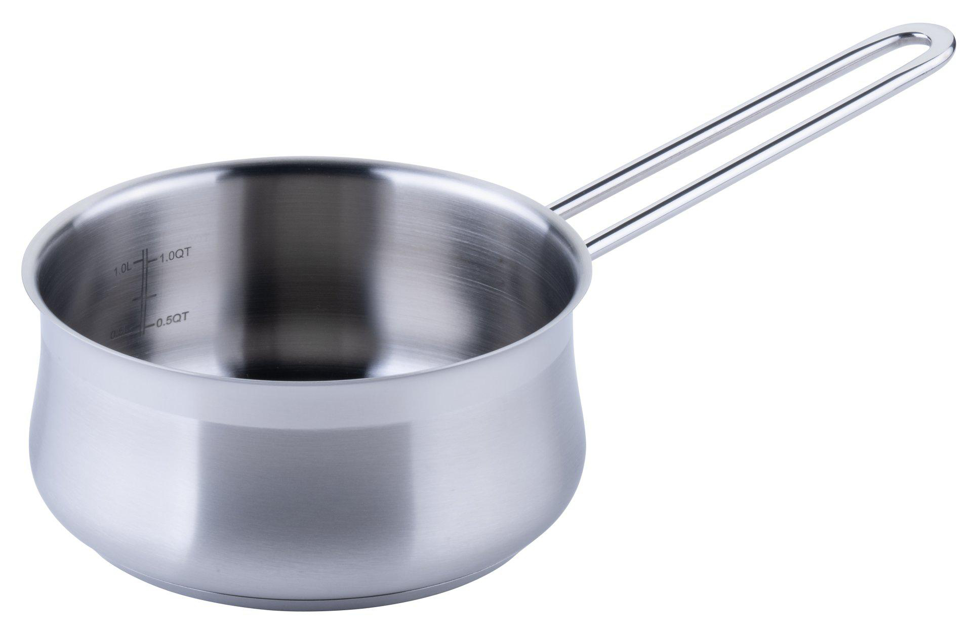 Ein Kochtopf aus Edelstahl mit Griff. Er hat innen Messmarkierungen für 0,5 QT und 1,0 QT.