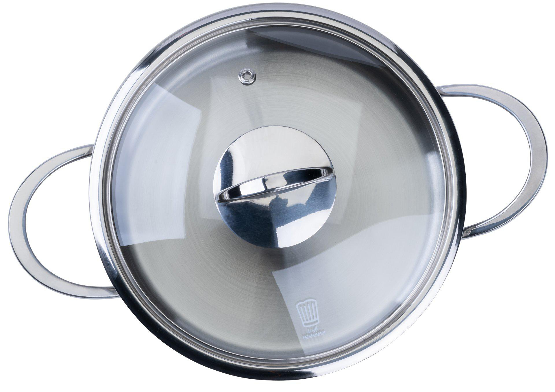 Edelstahltopf mit Glasdeckel. Der Deckel hat einen Griff. An den Seiten des Topfes befinden sich zwei gebogene Griffe.