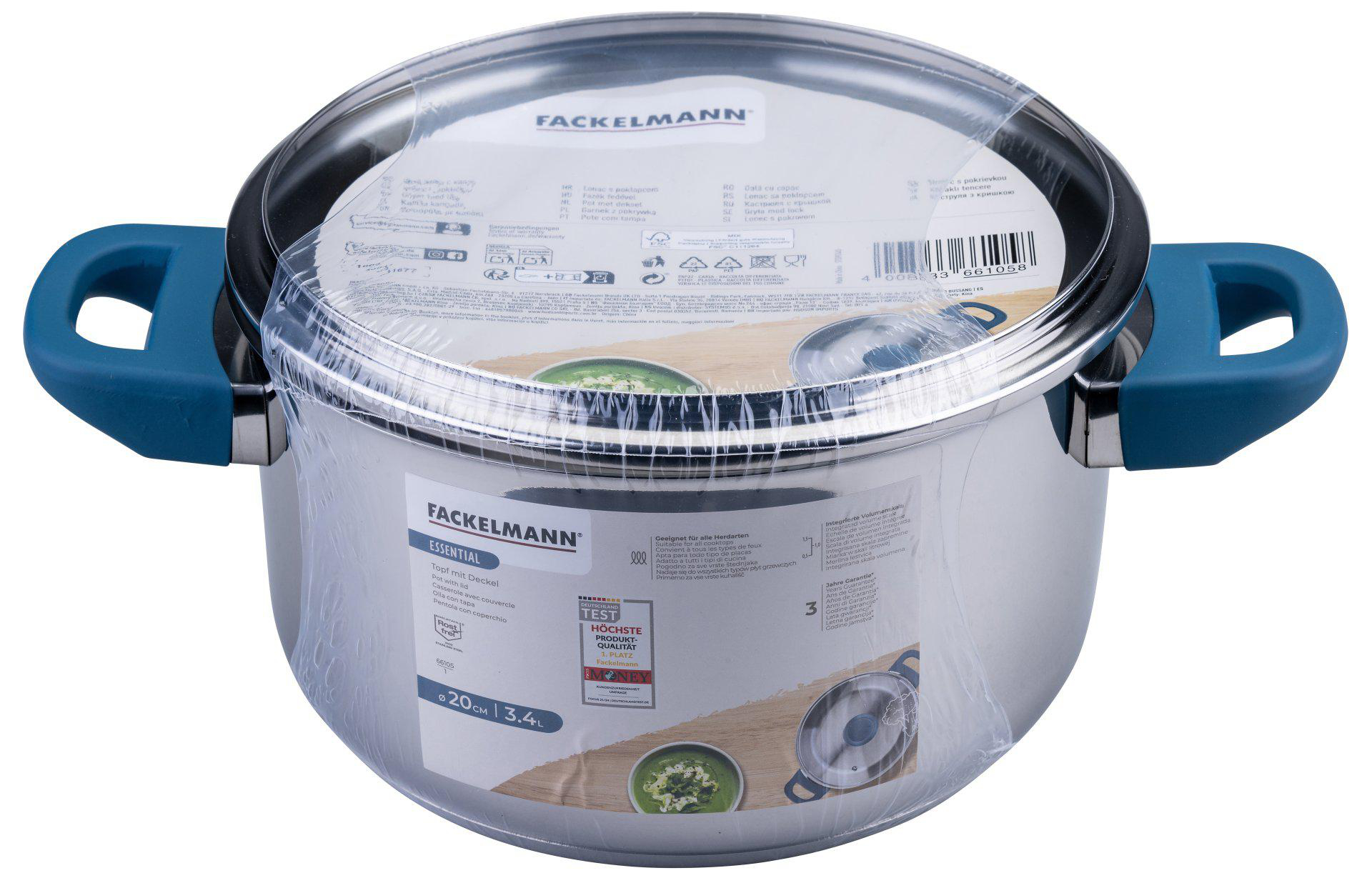 Edelstahltopf mit Glasdeckel und blauen Griffen. Er ist in Kunststoff verpackt und hat Produktinformationen.
