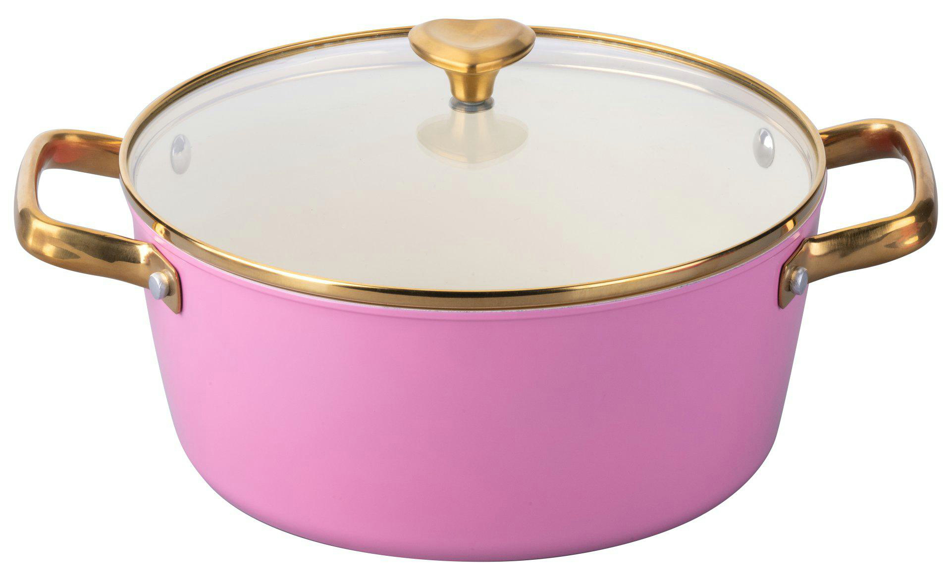 Ein rosa Kochtopf mit goldenen Griffen und Rand, einem Glasdeckel und einem herzförmigen Griff auf dem Deckel.