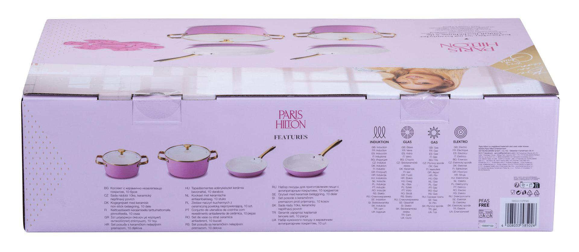 Rosa Paris Hilton Kochgeschirr-Set auf einer Box mit Pfannen, Töpfen und Beschreibung.