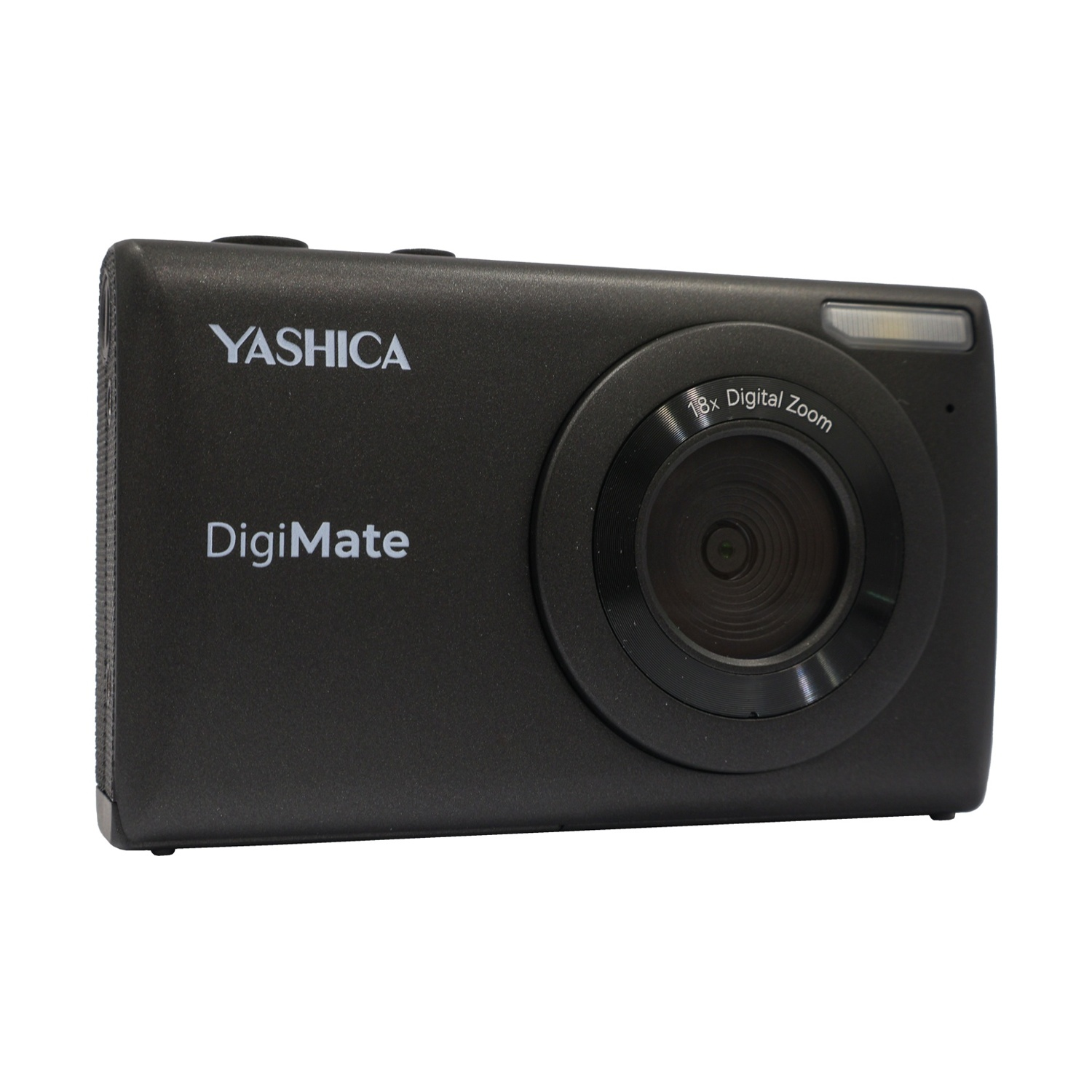 Una fotocamera nera Yashica DigiMate. Ha un obiettivo e un flash frontali. Il testo 'YASHICA DigiMate' è stampato su di essa.