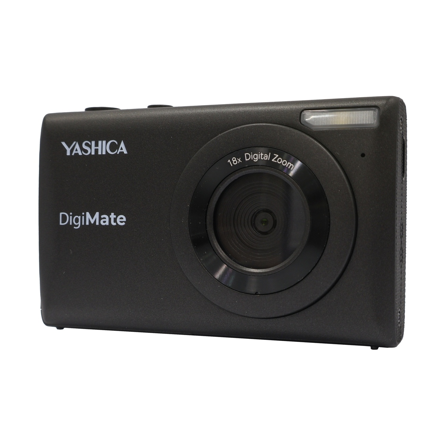 Una fotocamera nera Yashica DigiMate su sfondo bianco. La fotocamera ha un obiettivo, un flash e le parole "Yashica DigiMate".