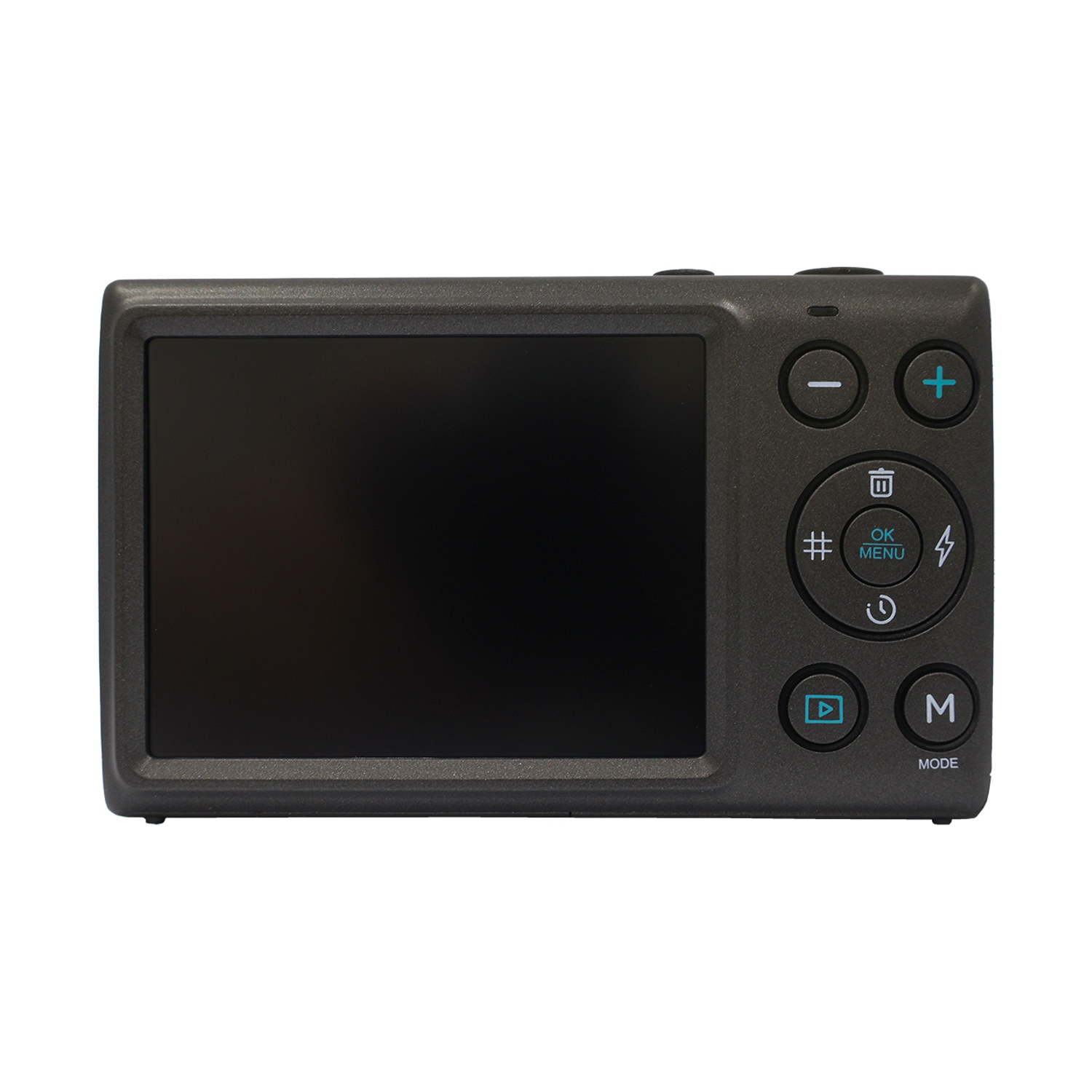 Retro di fotocamera digitale nera con schermo e pulsanti. I pulsanti includono zoom, menu e opzioni modalità.