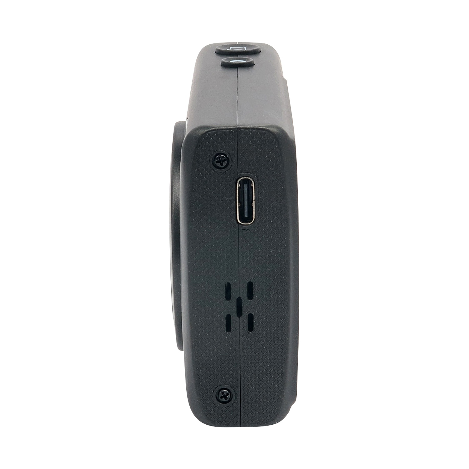 Fotocamera rettangolare nera, vista laterale. Presenta un obiettivo, pulsanti, una porta USB e fori di ventilazione. Isolato su sfondo bianco.