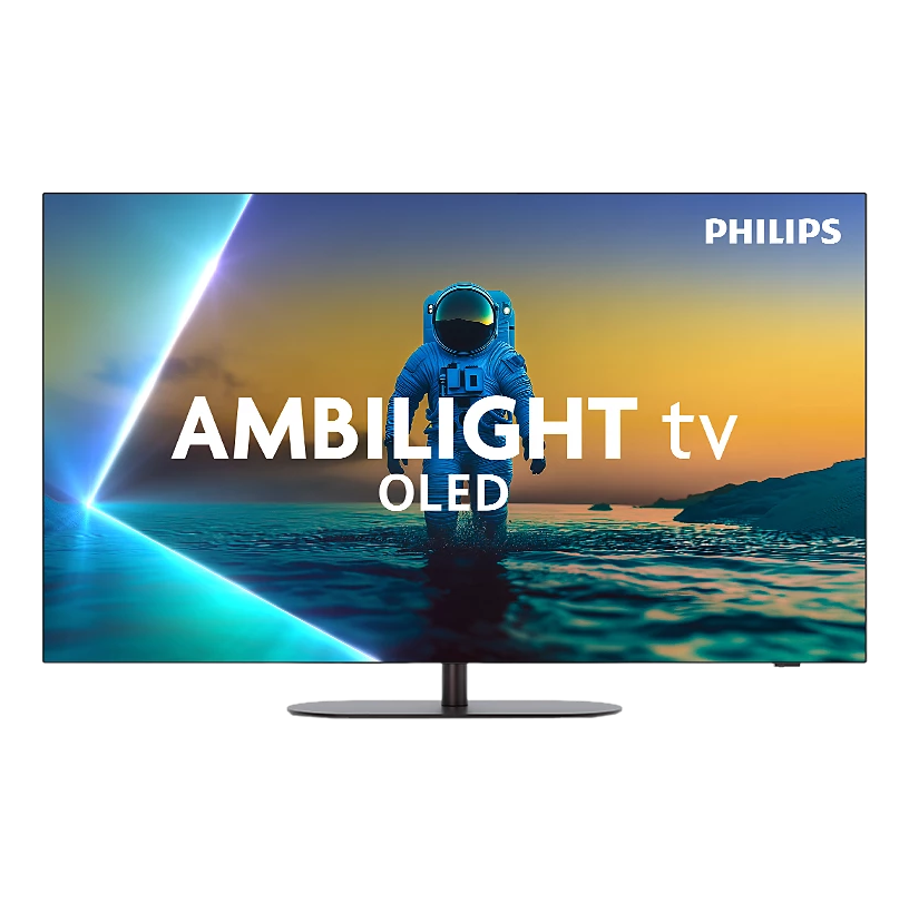 Un téléviseur Philips Ambilight OLED affiche un astronaute sur une surface d'eau avec un ciel coloré. Le téléviseur est monté sur un pied noir.