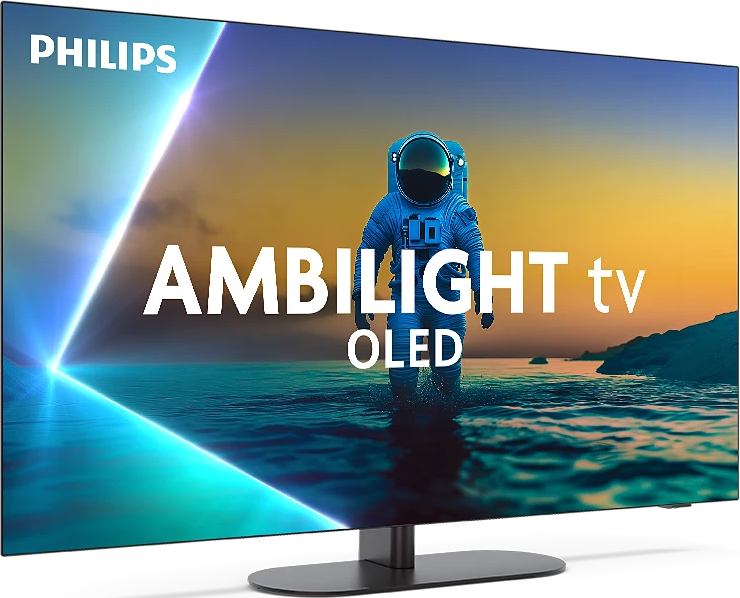 Ein Philips OLED-Fernseher zeigt einen Astronauten auf einem Planeten. Der Bildschirm hat Ambilight- und OLED-Text. Der Hintergrund ist gelb und orange.