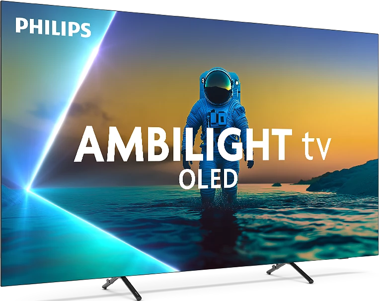 Philips Ambilight OLED-Fernseher. Astronaut auf Wasser. Blaue, orange und weiße Farben. Der Fernseher hat schwarze Beine und das Philips-Logo.