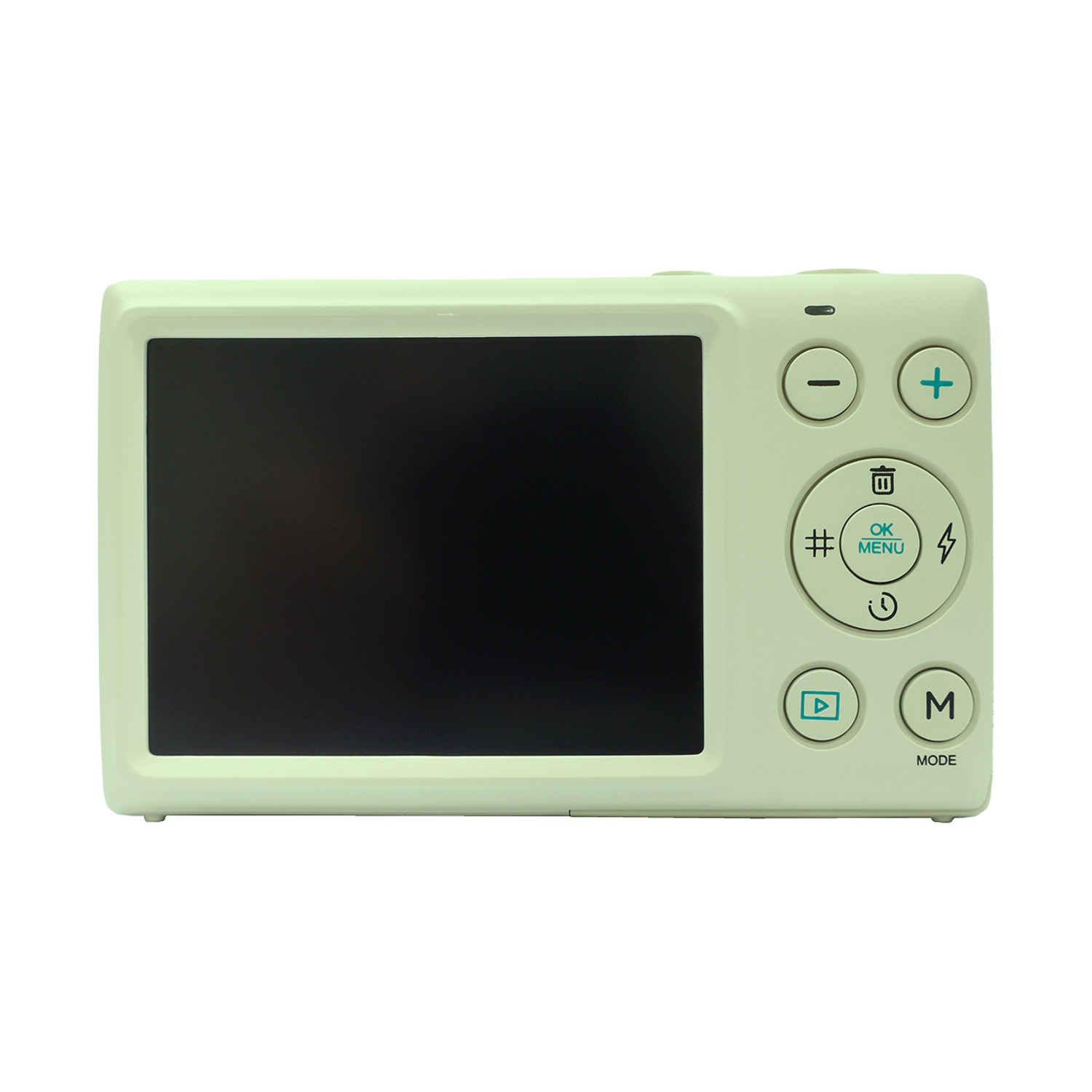 Vista posteriore di una fotocamera digitale verde chiaro. Ha uno schermo nero e diversi pulsanti per menu, modalità e alimentazione.