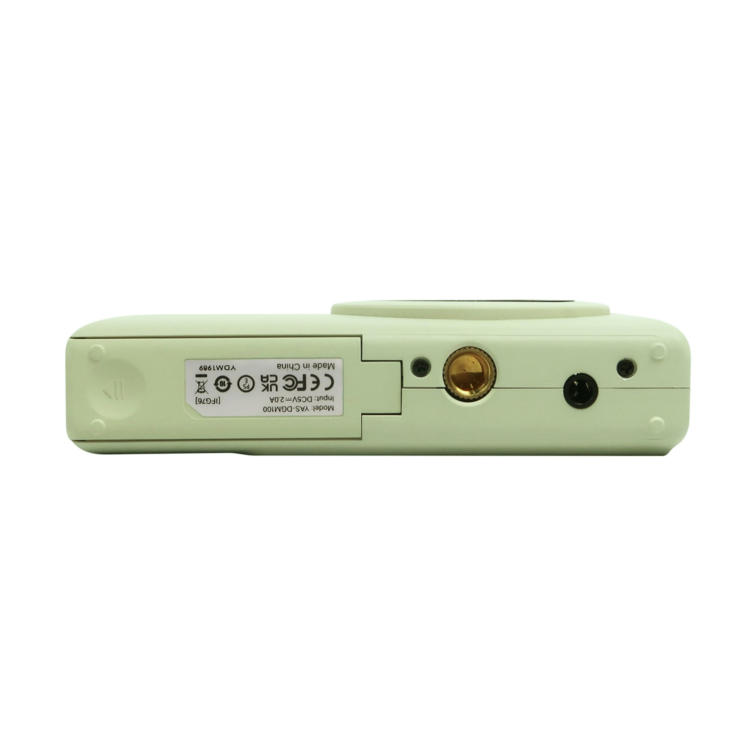 Un dispositivo elettronico verde chiaro su sfondo bianco. Ha una porta dorata e pulsanti neri. Testo visibile.