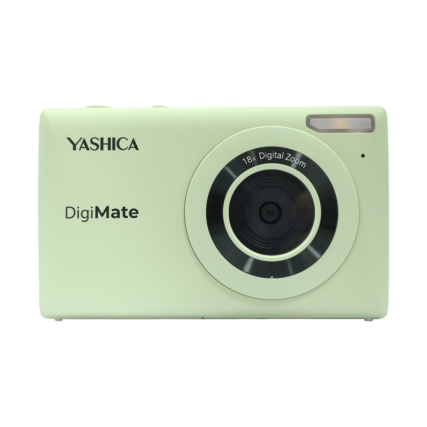 Una fotocamera Yashica DigiMate verde chiaro è mostrata, con un grande obiettivo e il nome del marchio visibile sulla parte anteriore.