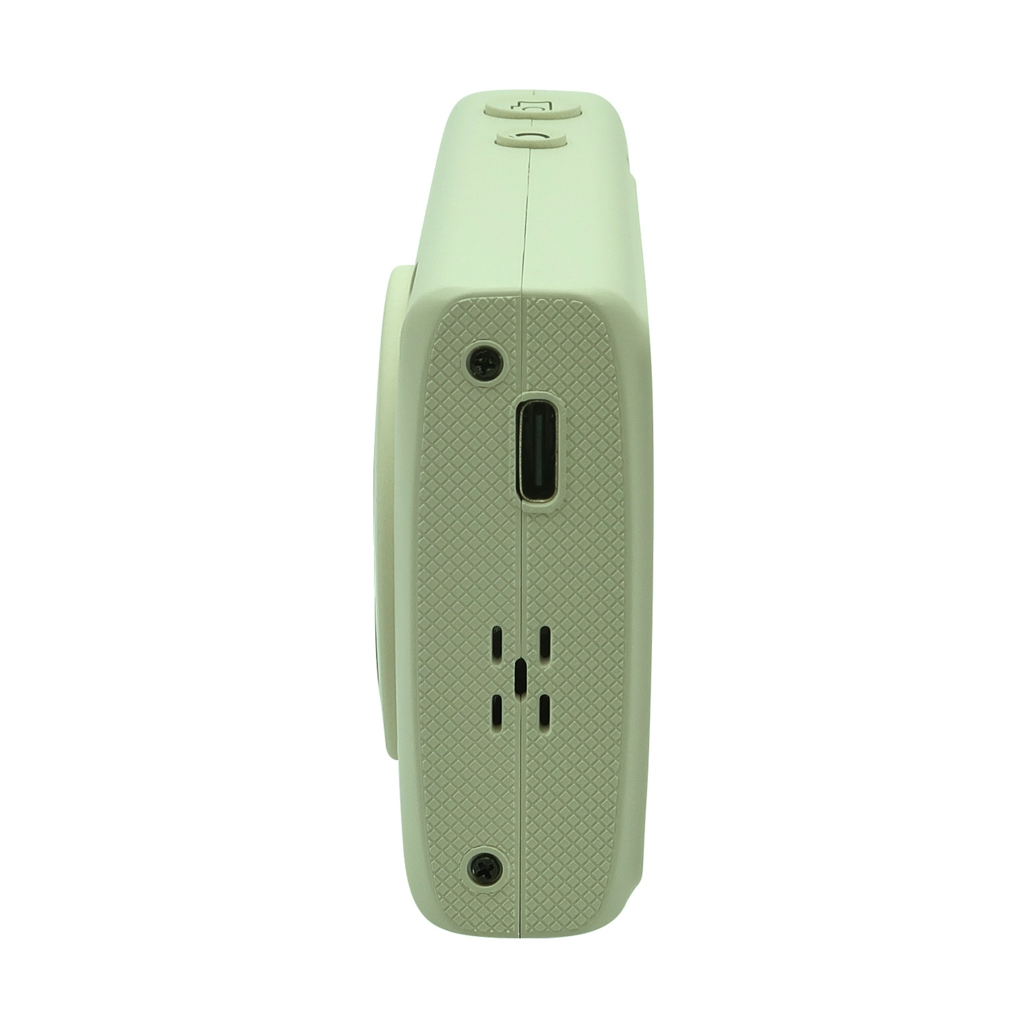 Una fotocamera istantanea verde chiaro, vista laterale. Ha un'impugnatura strutturata, una porta USB e pulsanti in alto. Le viti fissano le parti.