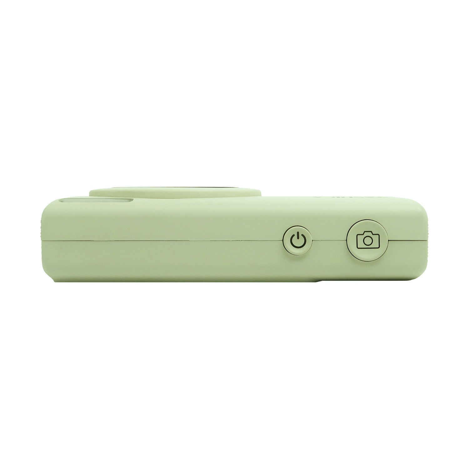 Una fotocamera verde chiaro. Ha un pulsante di accensione e un'icona della fotocamera. Lo sfondo è bianco.
