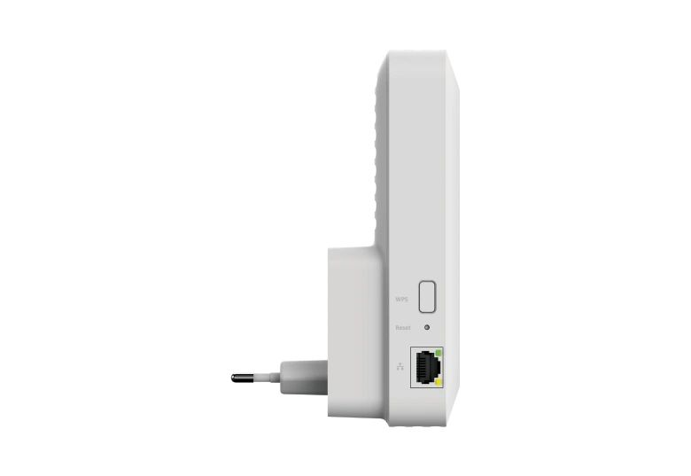Ein weißer WLAN-Repeater wird gezeigt. Er hat einen Stecker, WPS- und Reset-Tasten sowie einen Ethernet-Anschluss. Der Hintergrund ist weiß.