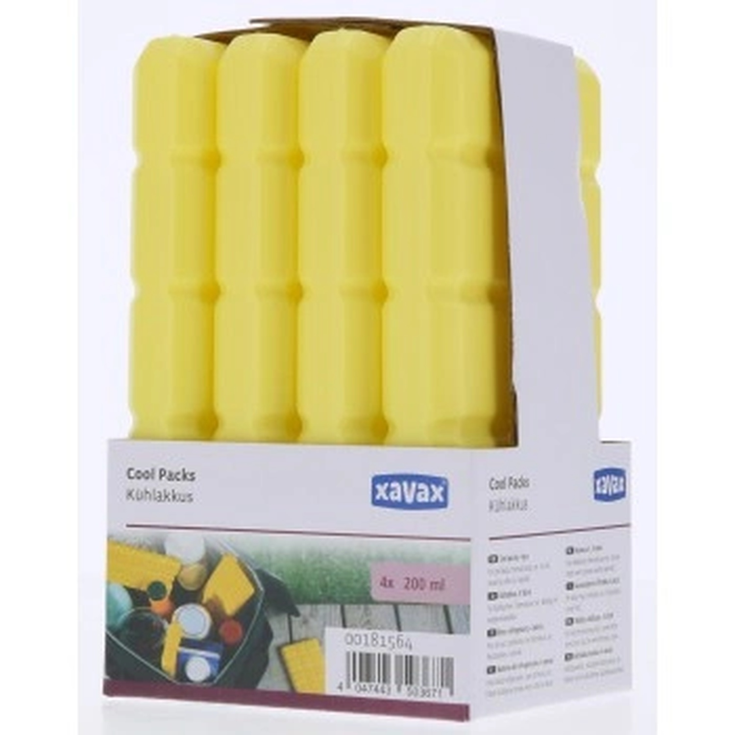 A package of yellow cool packs. The box has text in multiple languages and a barcode. The brand name is 'xavax'.