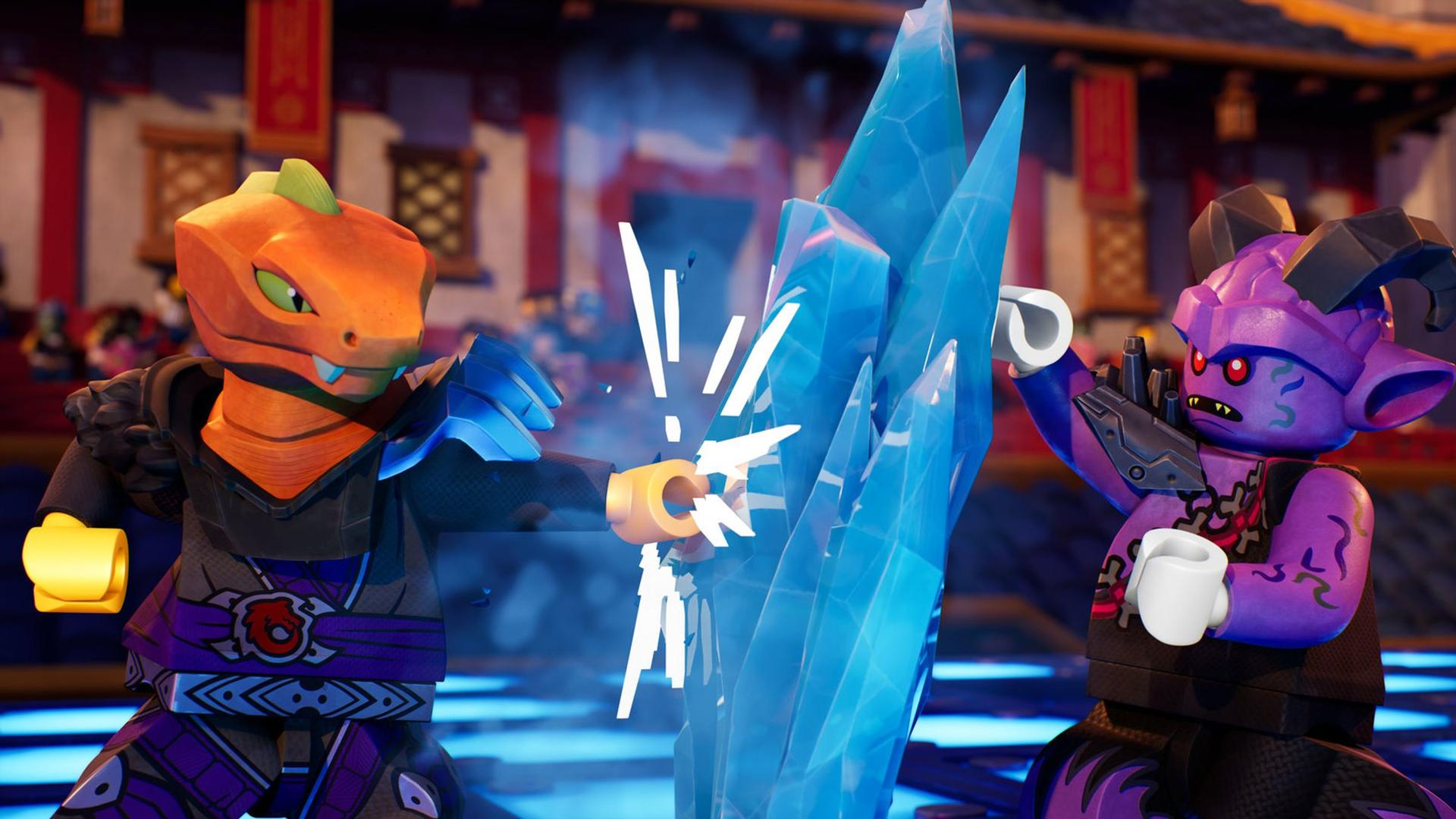 Zwei Lego-Figuren stehen einem blauen Kristall mit Energieschüben gegenüber. Eine ist orange, die andere lila. Im Hintergrund ist eine tempelartige Struktur zu sehen.
