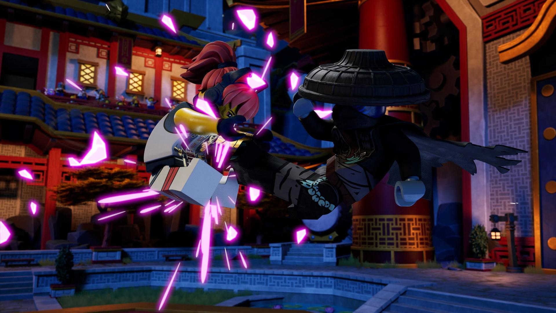 Zwei Lego Ninjago-Charaktere in Aktion. Einer tritt den anderen, umgeben von rosa Energie. Im Hintergrund ist eine Pagode zu sehen.