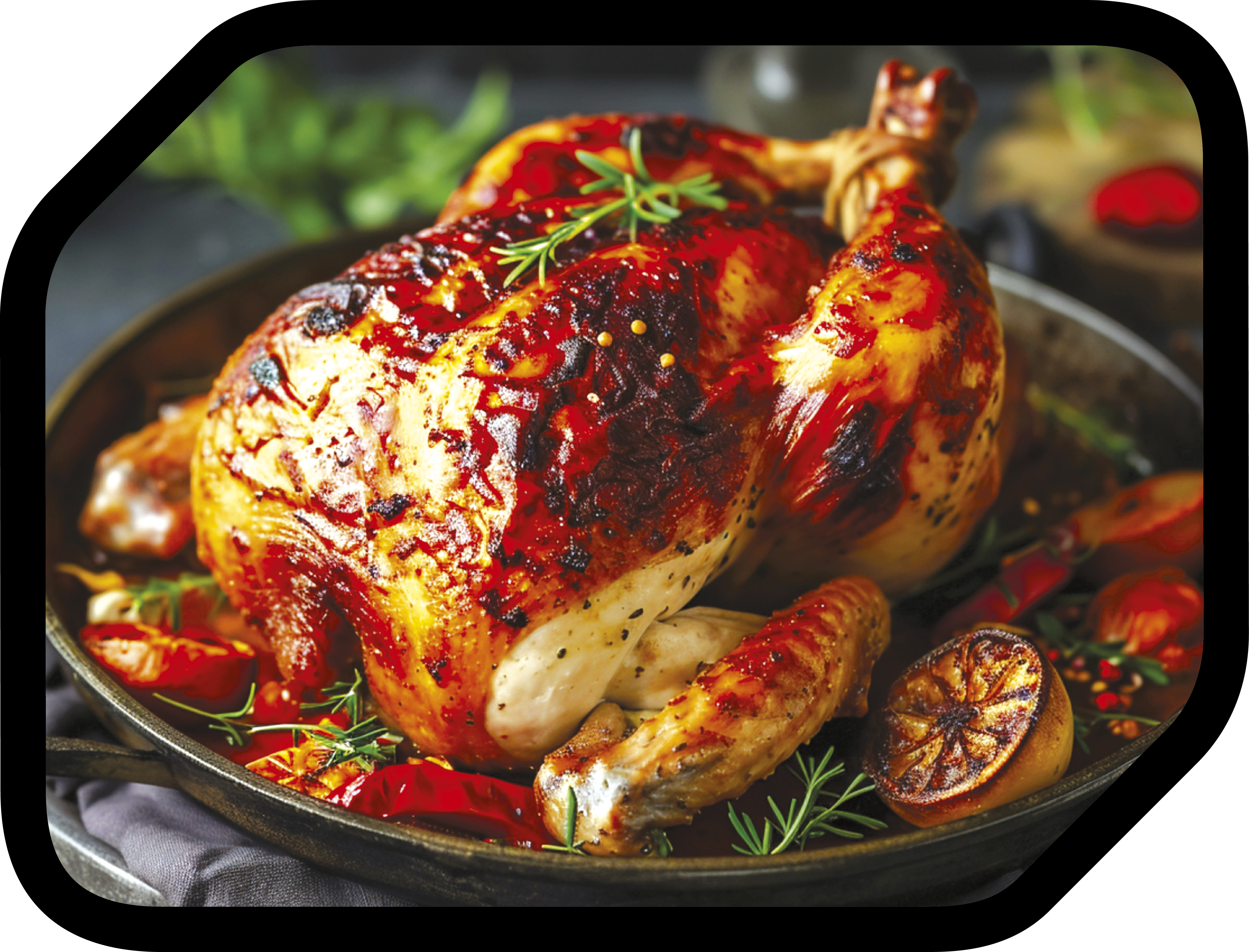 Gebratenes Huhn in einer Pfanne mit Gemüse und Zitrone. Das Huhn ist goldbraun. Rote Paprika und Kräuter umgeben es.