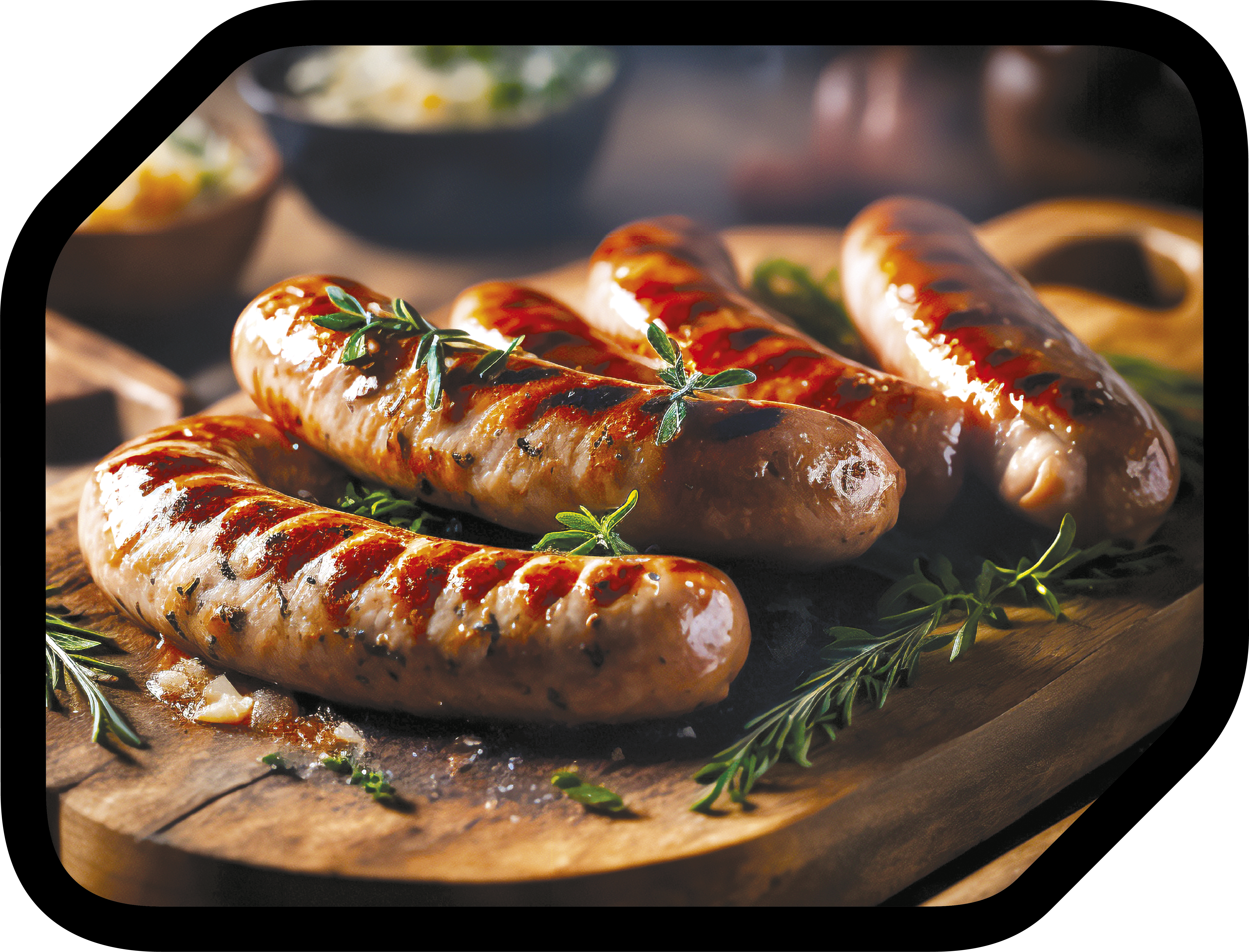 Gegrillte Würstchen auf einem Holzbrett, mit Rosmarin garniert. Im Hintergrund eine Schüssel mit Essen.