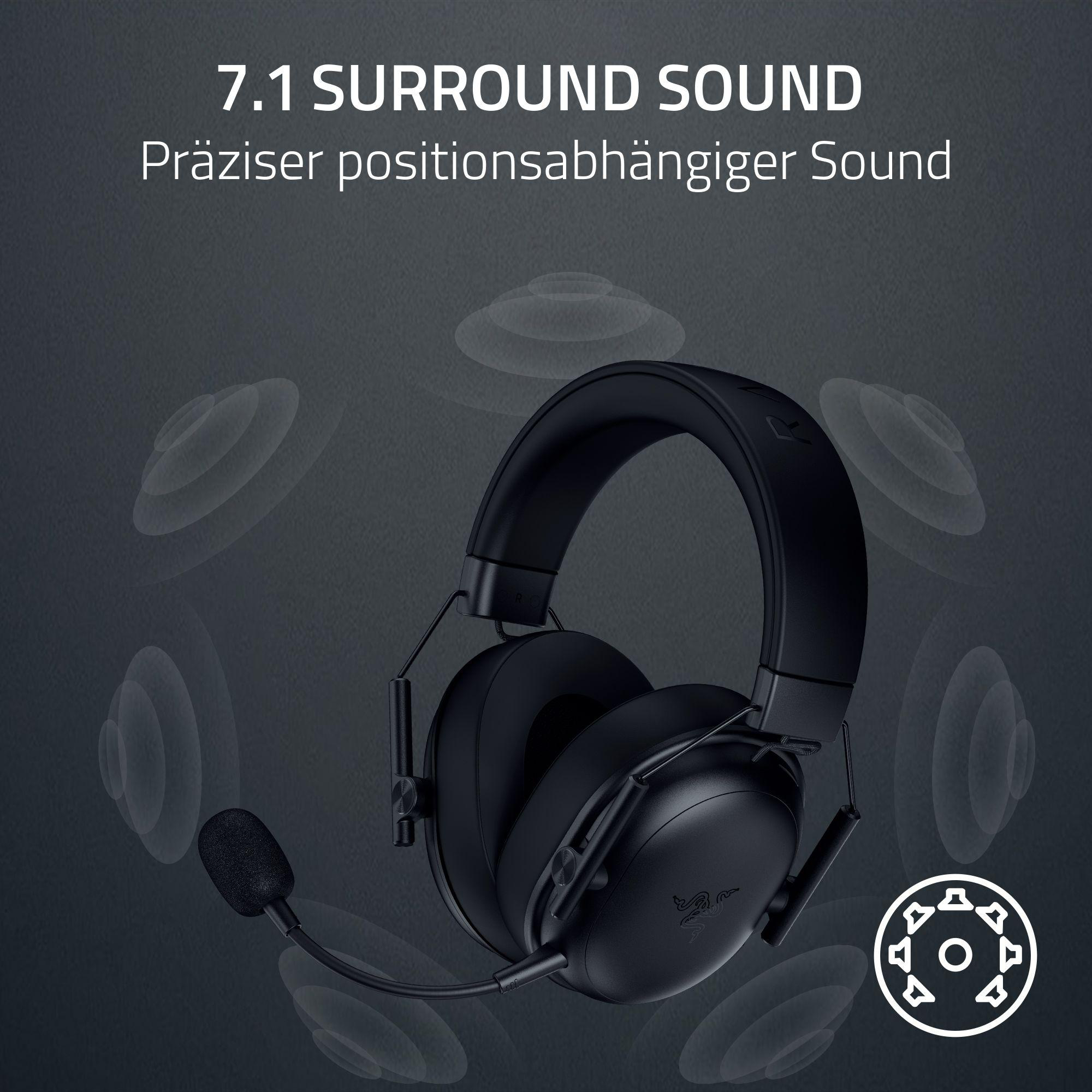 Schwarzes Gaming-Headset mit Mikrofon. Text lautet '7.1 Surround Sound'. Weiße Schallwellen-Icons im Hintergrund.