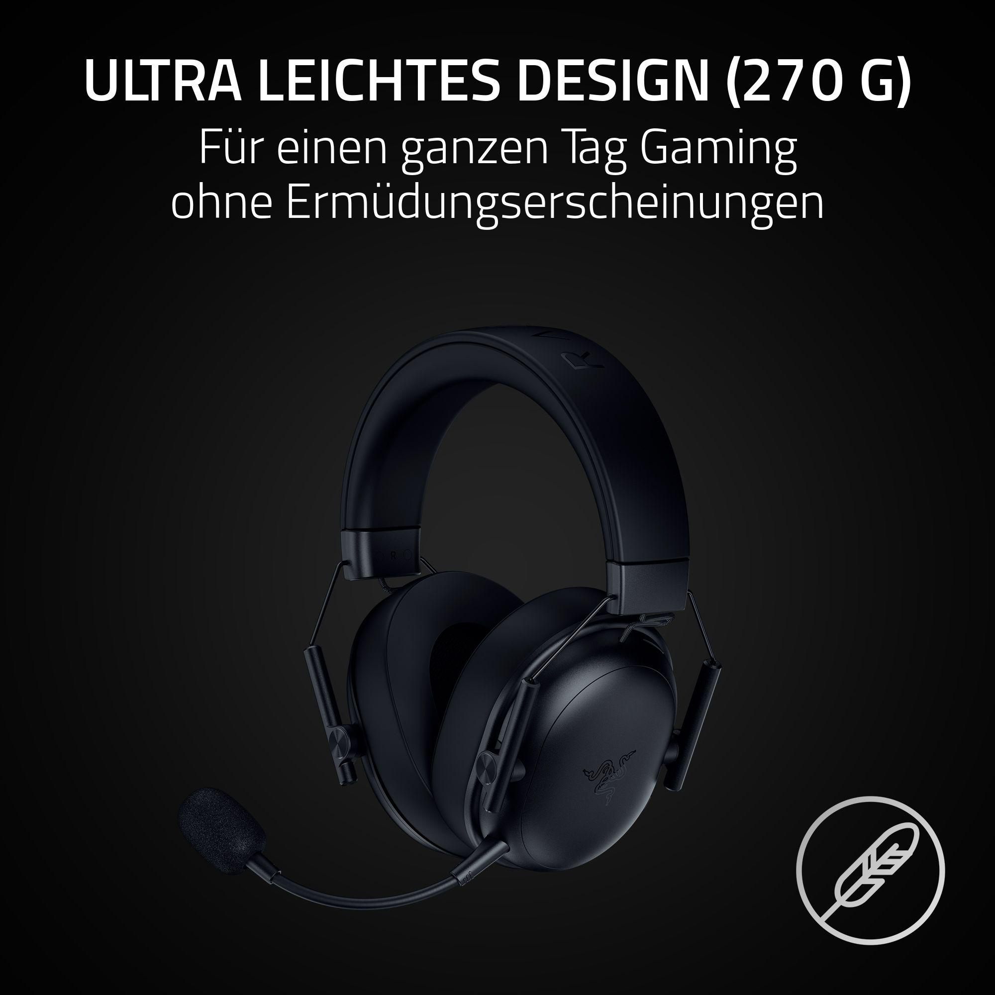 Schwarzes Gaming-Headset mit Mikrofon. Der Text lautet 'Ultra leichtes Design' und 'Für einen ganzen Tag Gaming'.