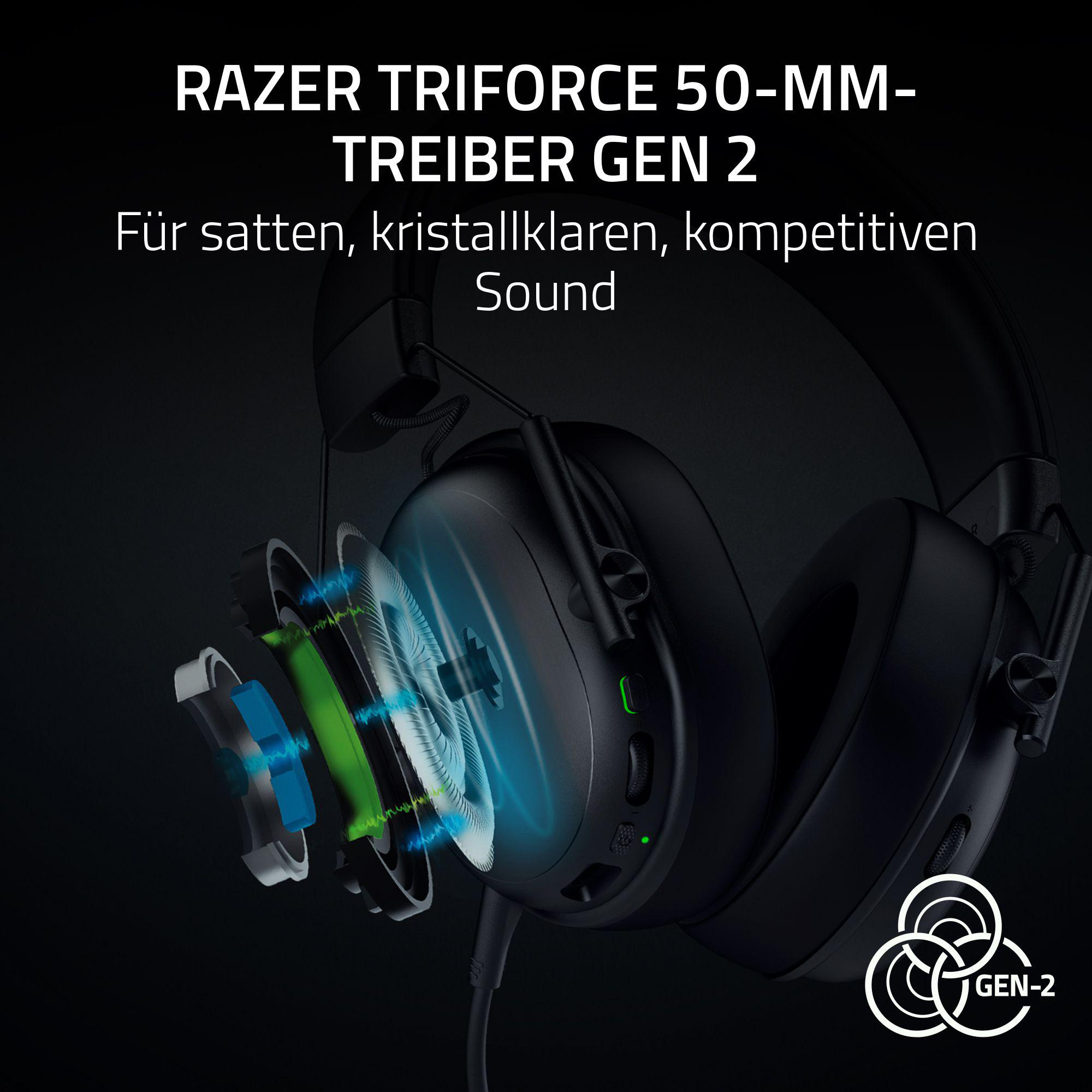 Schwarzes Razer-Headset mit sichtbaren internen Komponenten. Der Text lautet 'RAZER TRIFORCE 50-MM- TREIBER GEN 2' und 'GEN-2'.