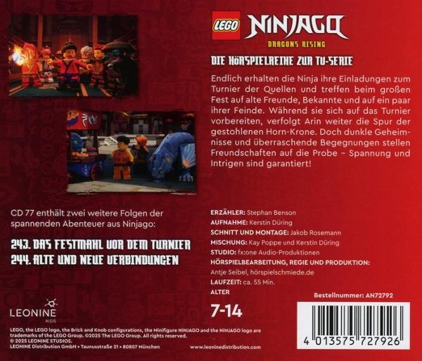 Poster für Lego Ninjago mit Lego-Figuren und Text in mehreren Sprachen, mit rotem Hintergrund.