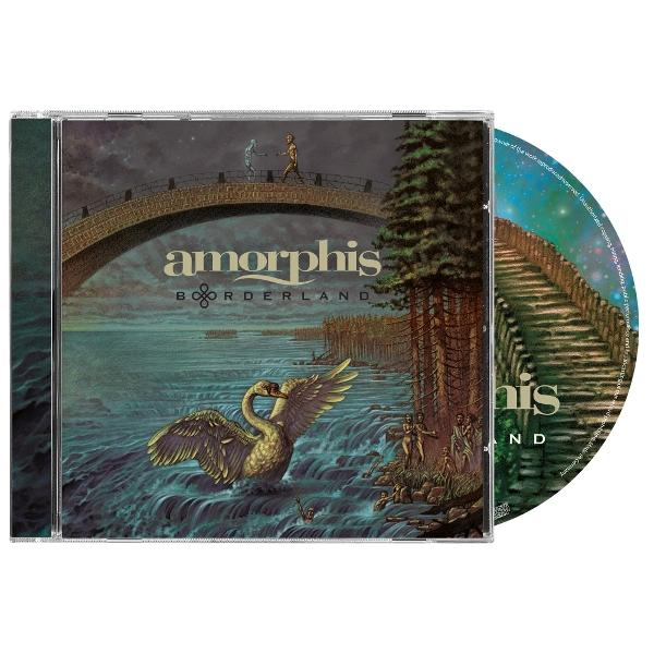 Albumcover mit Schwan, Brücke, Figuren und Text 'Amorphis Borderland'. Die Disc hat Treppen.