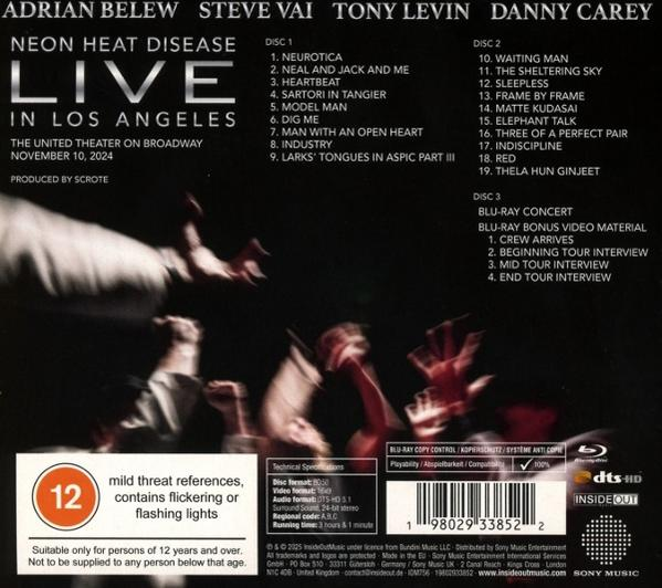 CD-Cover für 'Neon Heat Disease Live'. Enthält Bandmitglieder, Titellisten und eine Warnung vor flackerndem Licht.