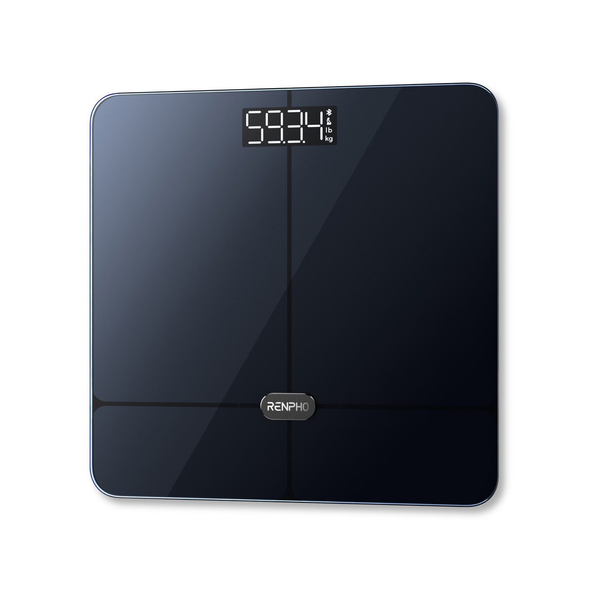Báscula de baño digital negra. Muestra 59.34 en blanco. La marca es RENPHO. Rodeada por un fondo blanco.