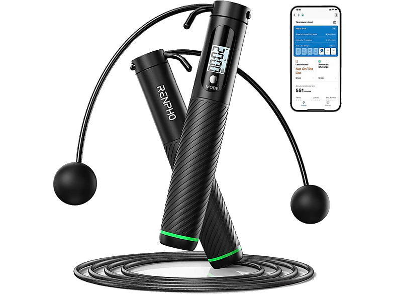 Cuerda de saltar inteligente - Renpho Smart Jump Rope, 3 modos fitness Comfort, Longitud ajustable, Pantalla LCD, Negro