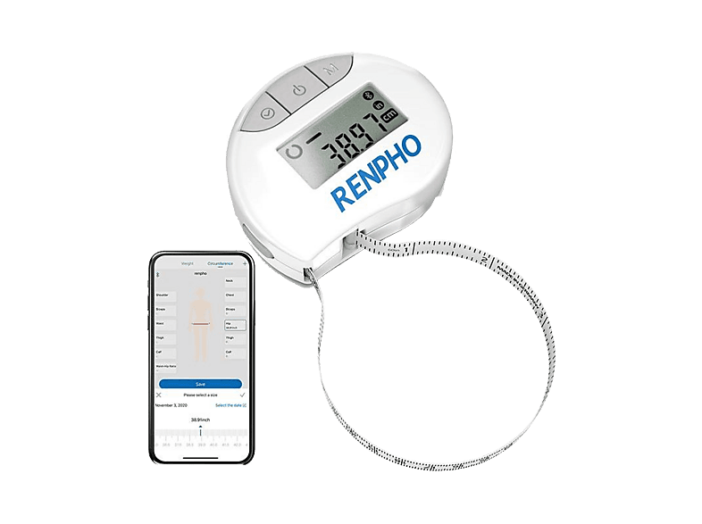 Cinta métrica corporal inteligente - Renpho Smart Tape Measure, 13 medidas preestablecidas, Gancho retráctil de bloqueo, Blanco