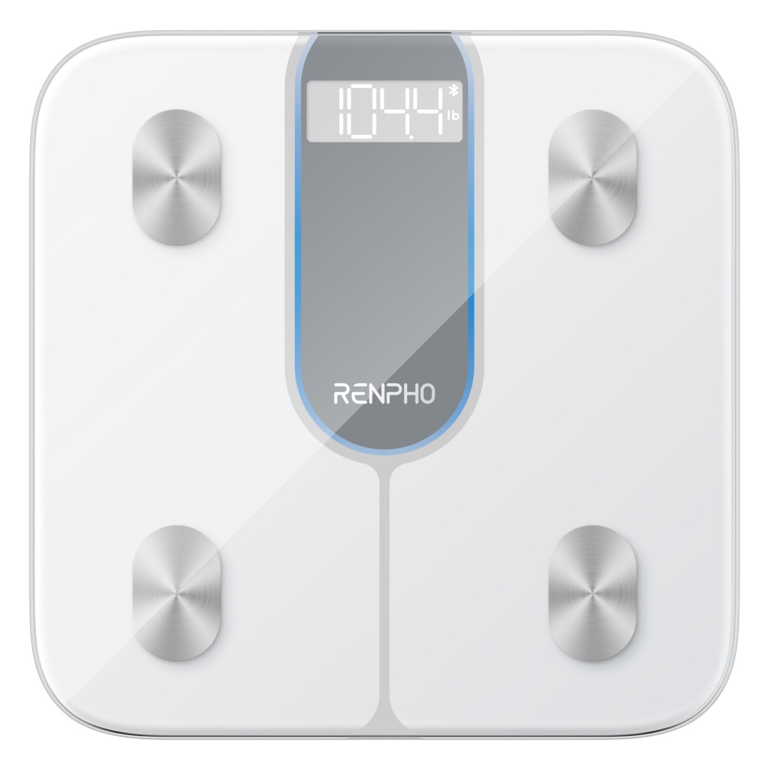 Báscula digital blanca con pantalla de 104.4 lbs. Tiene cuatro almohadillas metálicas plateadas y la marca Renpho.