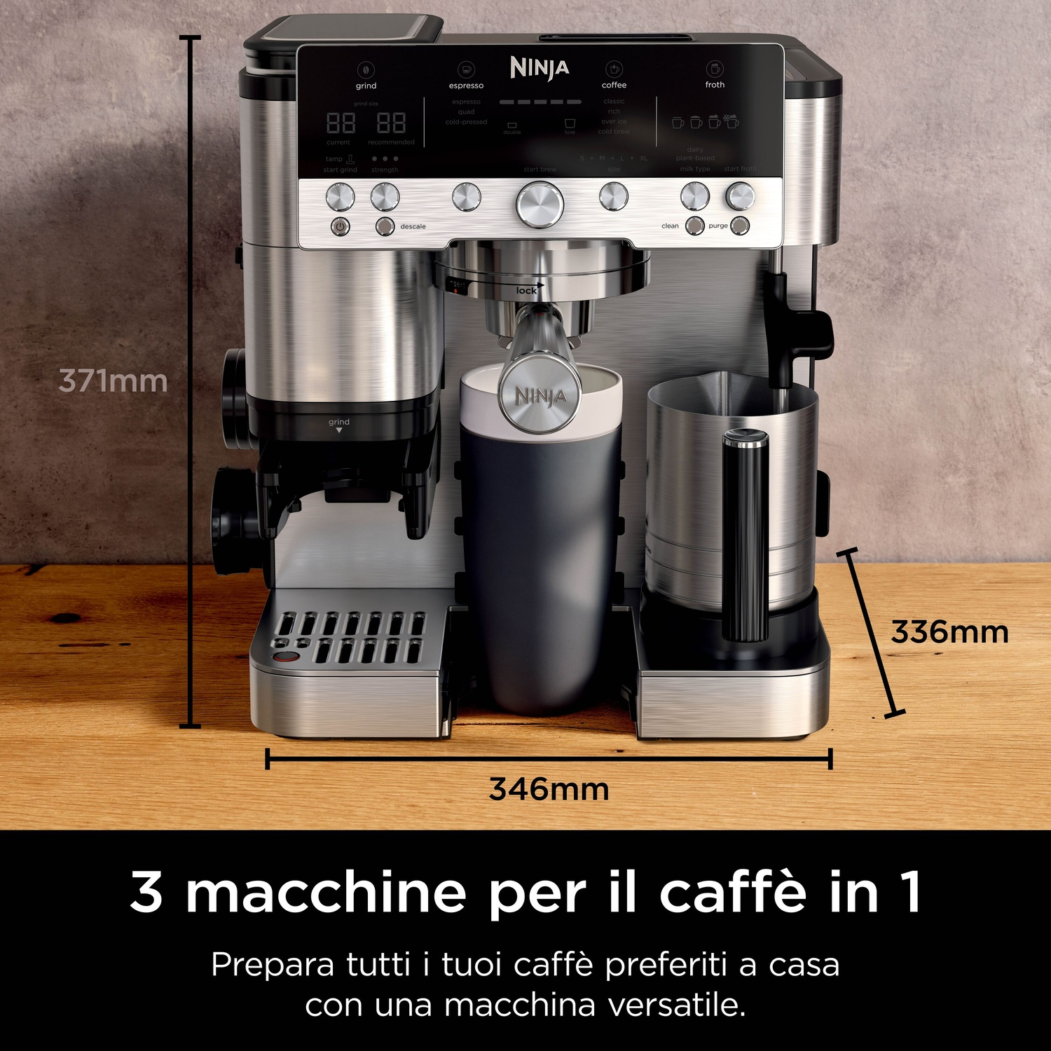Macchina da caffè Ninja. Acciaio inossidabile con varie impostazioni. Dimensioni: 371mm altezza, 346mm larghezza, 336mm profondità. Testo: '3 macchine in 1'.
