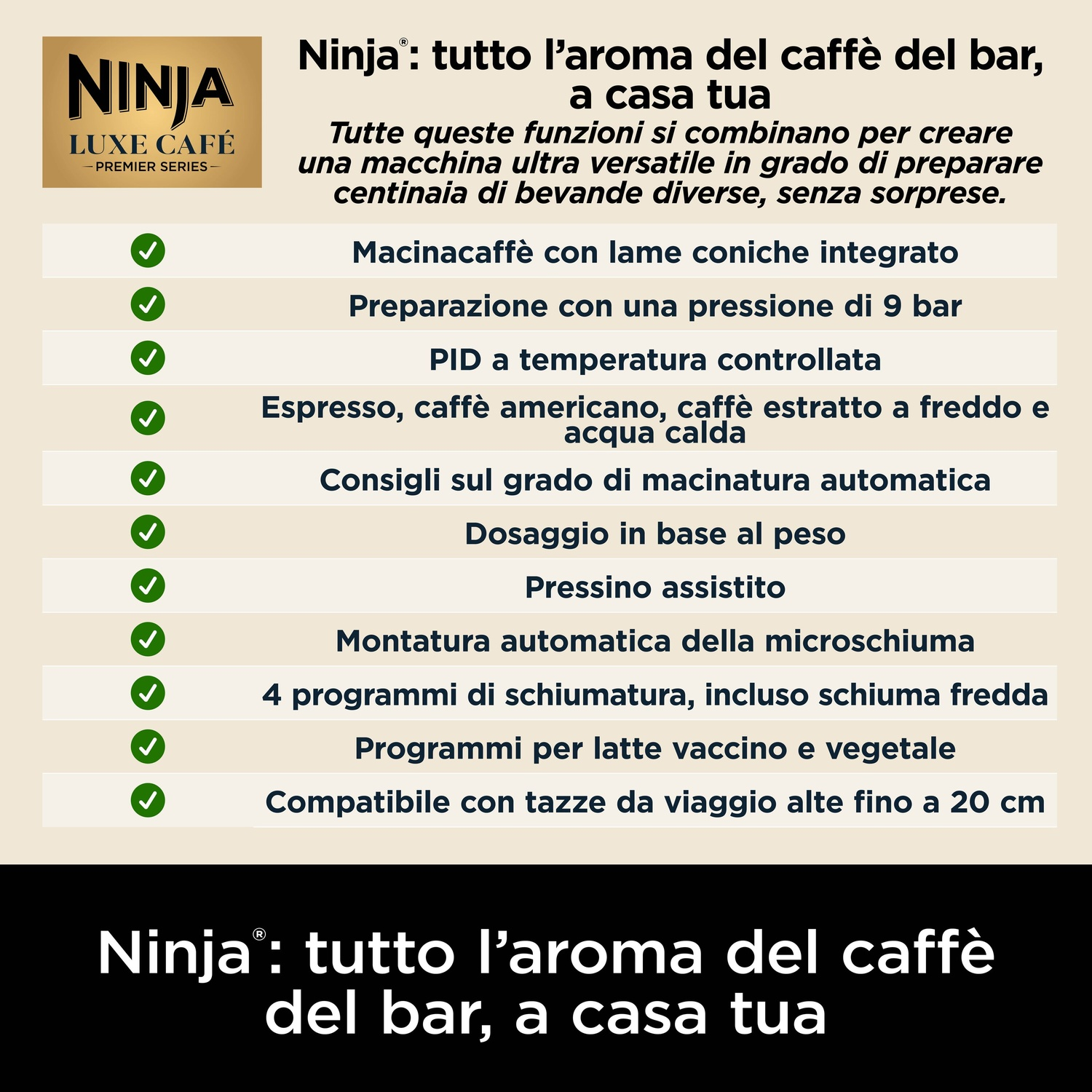 Annuncio Ninja Luxe Cafe. Caratteristiche: macinacaffè conico, pressione 9 bar, controllo temperatura PID e montalatte automatico.