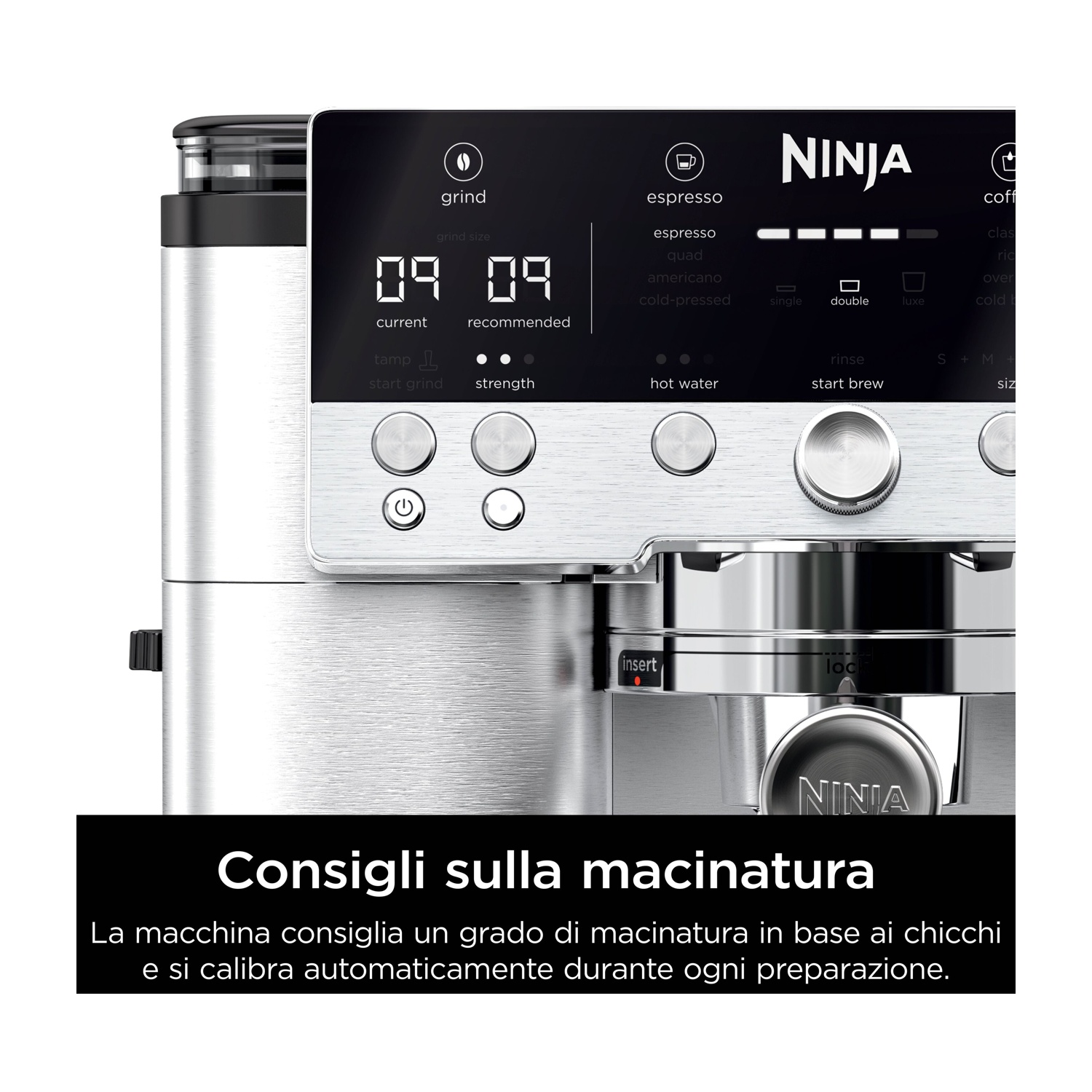 Primo piano dell'interfaccia della macchina da caffè Ninja. Mostra le impostazioni di macinatura, espresso e forza del caffè.