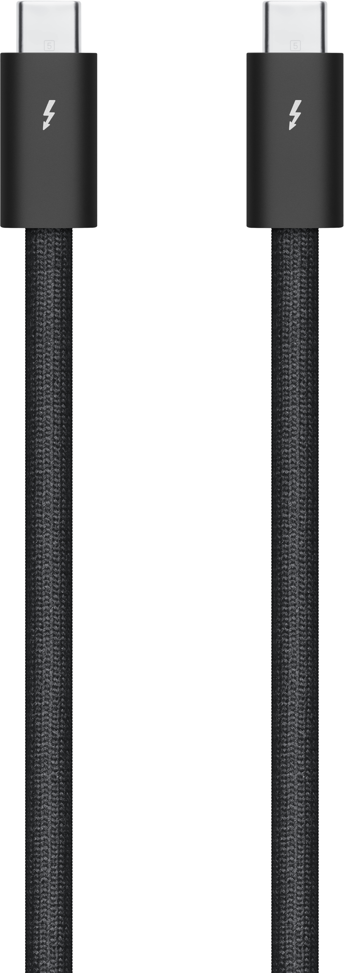 Deux câbles USB-C noirs sur fond noir. Chaque câble a une pointe argentée et un symbole d'éclair.