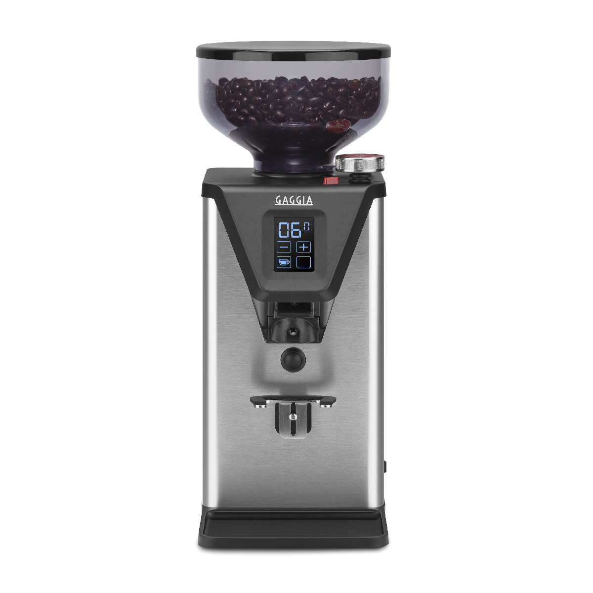 Eine Gaggia Kaffeemühle mit Bohnen im Trichter. Sie hat ein Digitaldisplay und ein Edelstahlgehäuse.