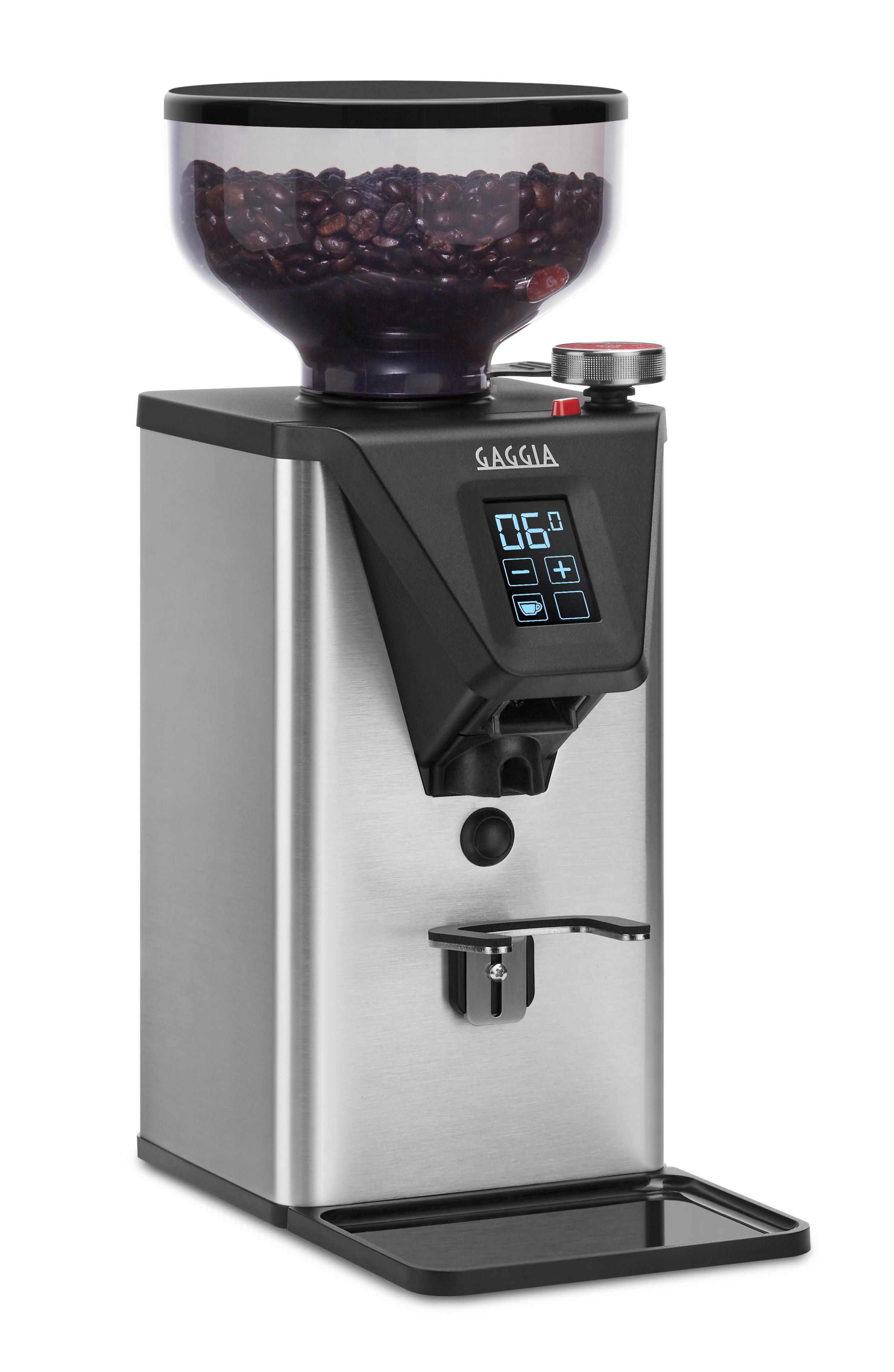 Eine Kaffeemühle aus Edelstahl mit einem Bohnenbehälter. Sie hat ein digitales Display und eine Siebträgerauflage.