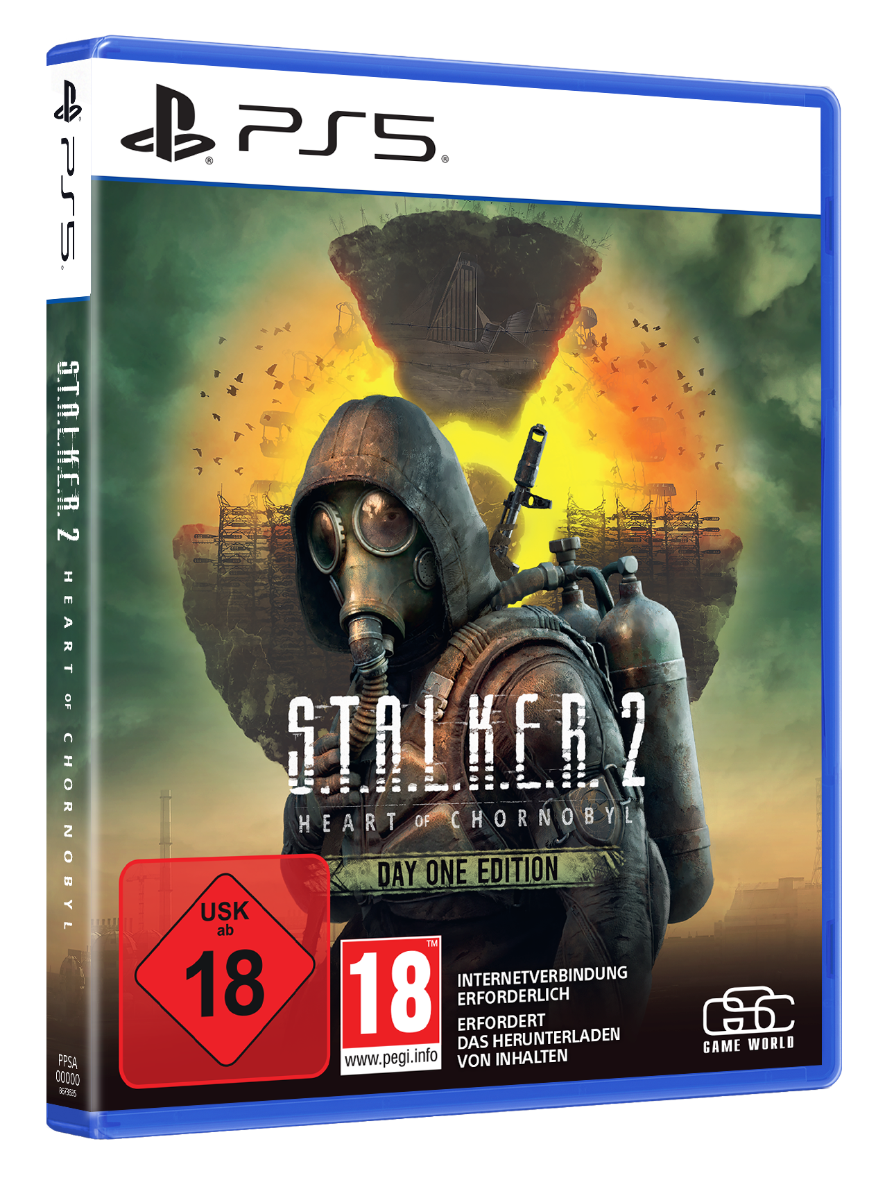 Spielbox-Art für Stalker 2. Eine Figur mit Gasmaske steht vor einer Explosion. Das PS5-Logo befindet sich oben.