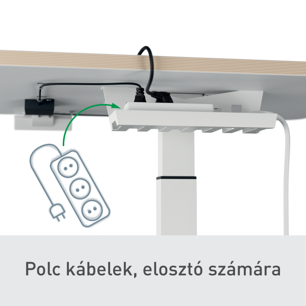 Egy fehér polc, elosztóval és kábelekkel egy asztal alatt. Egy diagram mutatja az elosztót.