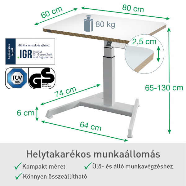 Fehér és barna állóasztal, méretekkel jelölve. 80 kg teherbírással rendelkezik, 65-130 cm között állítható.
