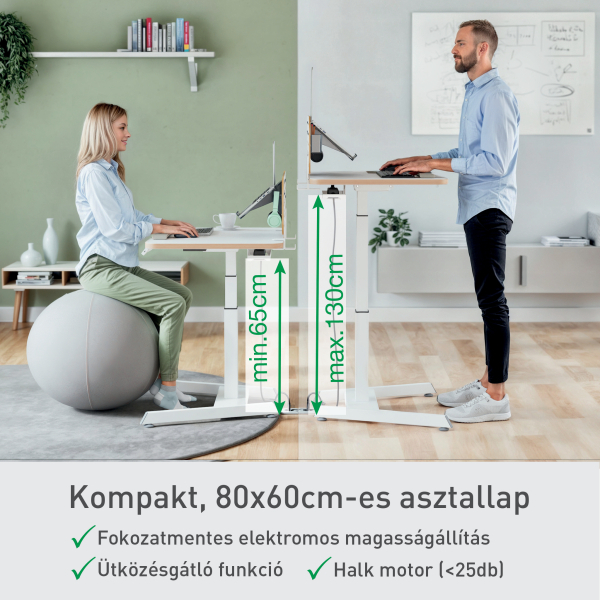 Két ember, egy labdán ülve, a másik állva, állítható asztalokat használ. Méretek: min. 65cm, max. 130cm. Szöveg: kompakt asztal.
