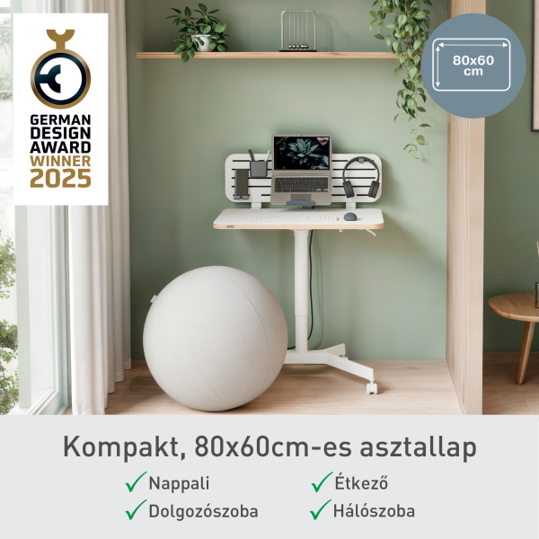 Modern munkahely laptop, fejhallgató és egyensúlylabdával. Látható a German Design Award 2025 logója és szövege.